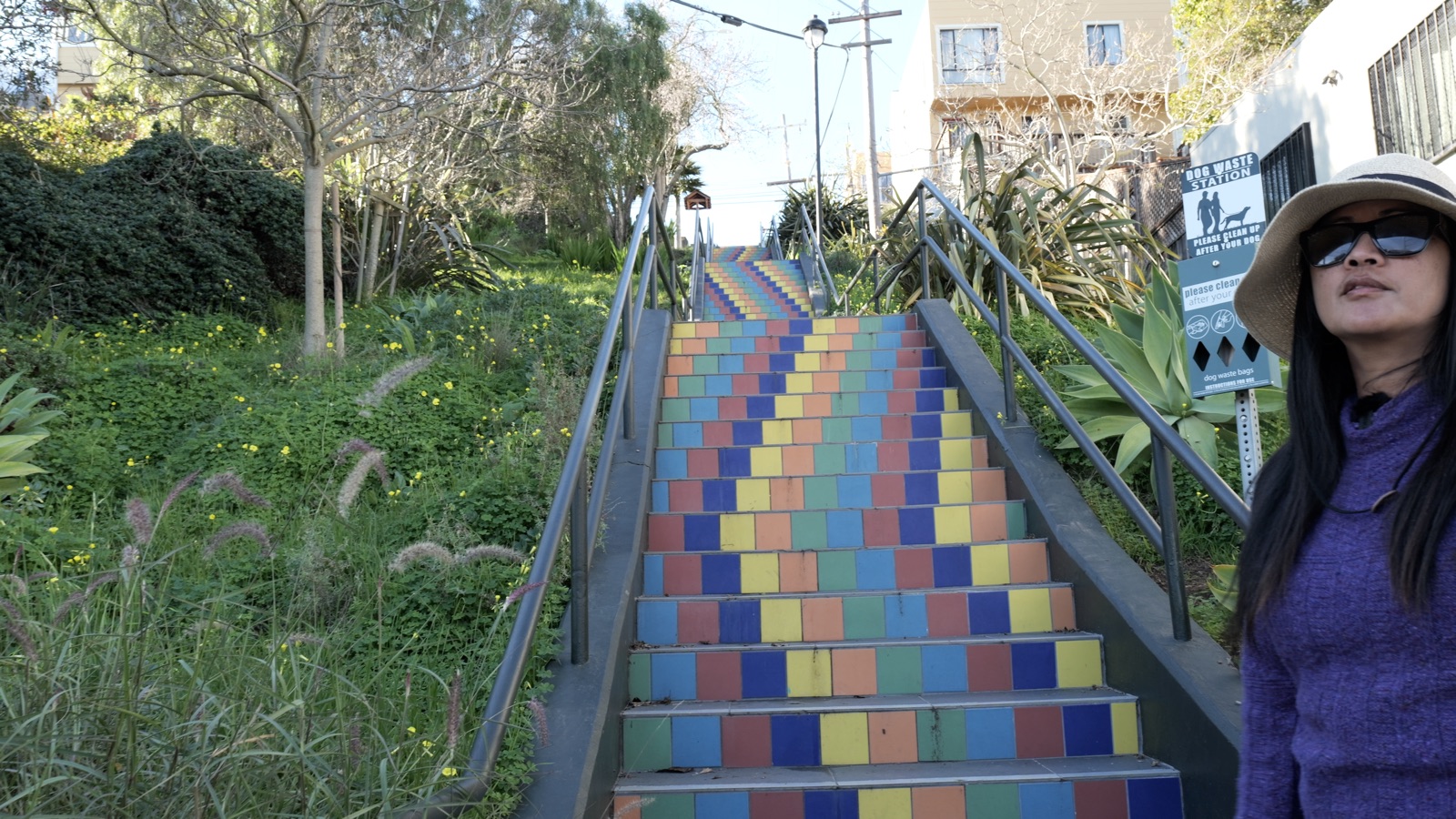 The colorful zigzag mosaic stairway of Tompkins Stairway in Bernal Heights